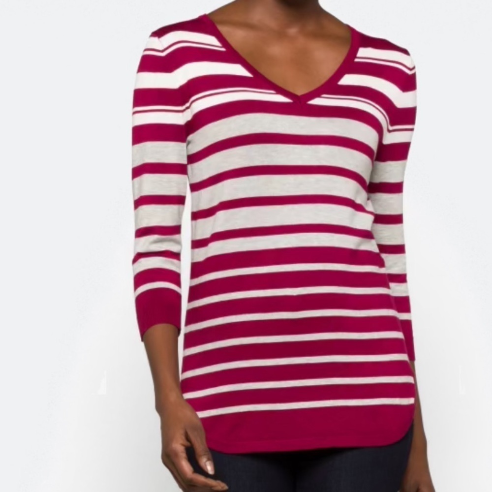 Lety & Me - Womens Dallin Striped 3Q sleeve sweater. V-neck Size XXL. Burgundy